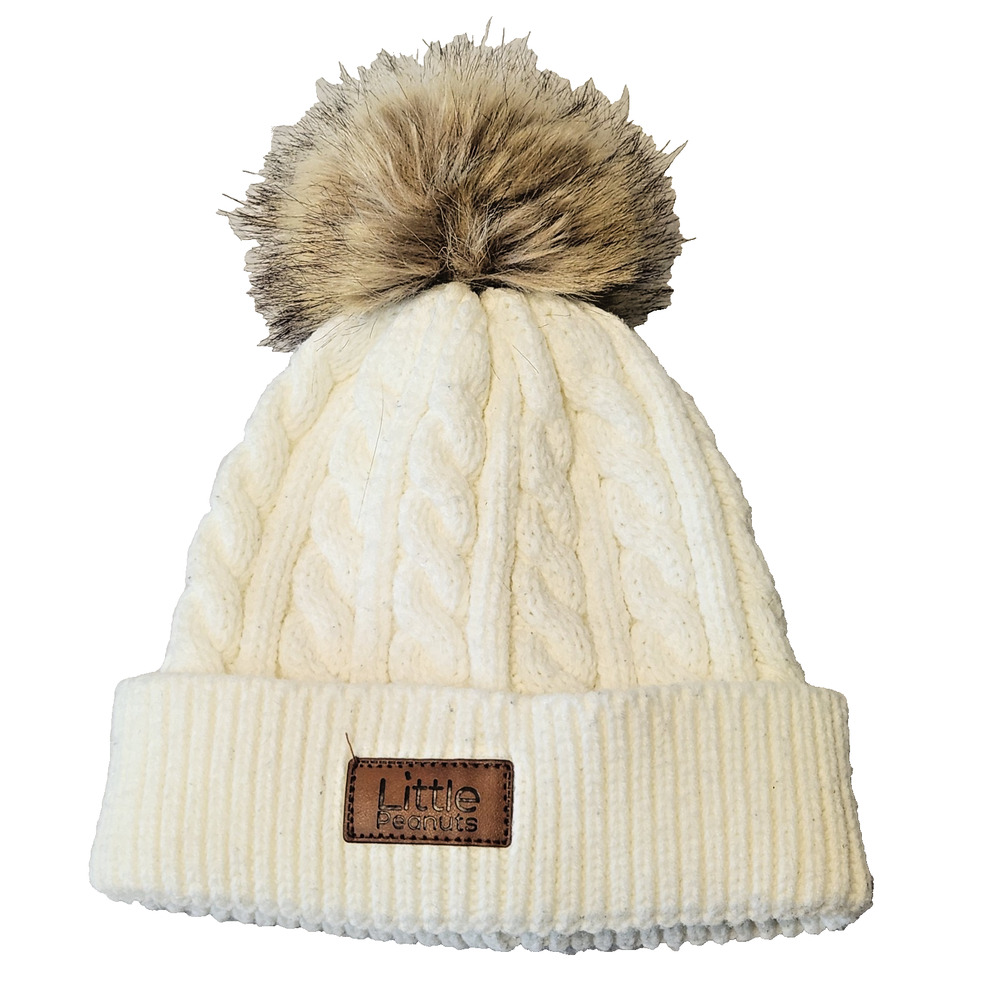 Little Peanuts White Cable Knit Beanie Hat Faux Fur Pom Pom Kids/Toddler/Baby